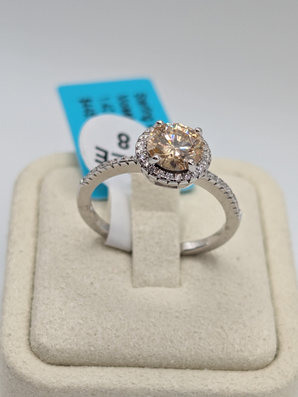 NWT 1.40 CTW Champagne Moissanite Halo Ring 925 Silver Size 8